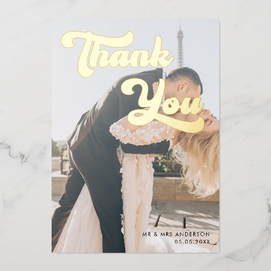 Moderne vervaagde foto overlay retro dank u bruilo folie uitnodiging (Voorkant)
