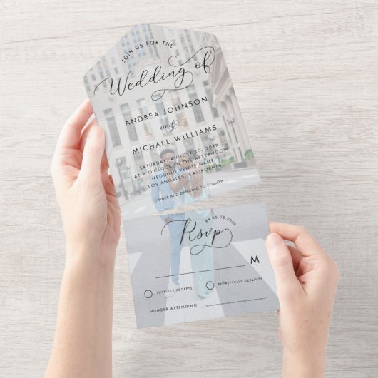 Moderne Vervaagde Foto & Script Fotobruiloft All In One Uitnodiging (Afscheurbaar)