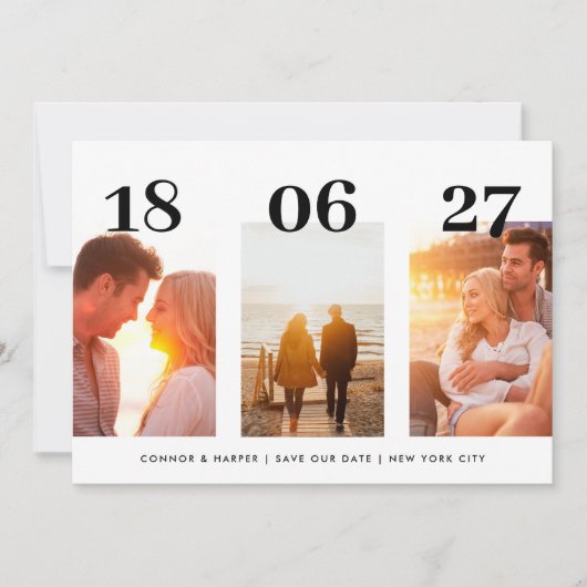 Moderne VET DATUM Drie foto Sla de datum op Save The Date (Voorkant)