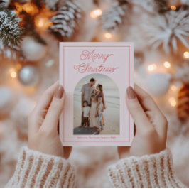 Moderne Vet Schrift Boog Foto Rood en Roze Feestdagenkaart