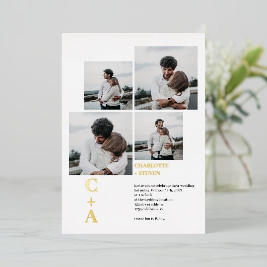 Moderne vetgedrukte bladzijden met goudblad 4 foto folie uitnodiging (Staand Voorkant)