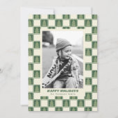 Moderne Vetgedrukte Retro Groene Kerst Checker Fot Feestdagenkaart (Voorkant)