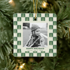 Moderne Vetgedrukte Retro Groene Kerst Checker Fot Keramisch Ornament