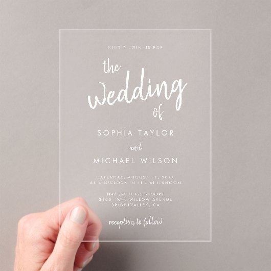 Moderne Vetgedrukte Script Witte Trouwdag Acryl Uitnodigingen (Insitu (Draagbaar))