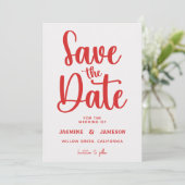 Moderne, vette, casual rode script foto bruiloft r save the date (Staand voorkant)