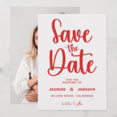 Moderne, vette, casual rode script foto bruiloft r save the date (Voorkant / Achterkant)