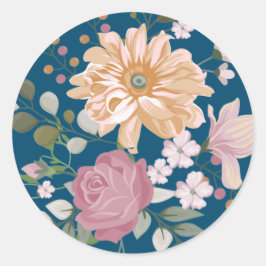 Moderne, vette gele en roze bloemen op blauwe acht ronde sticker