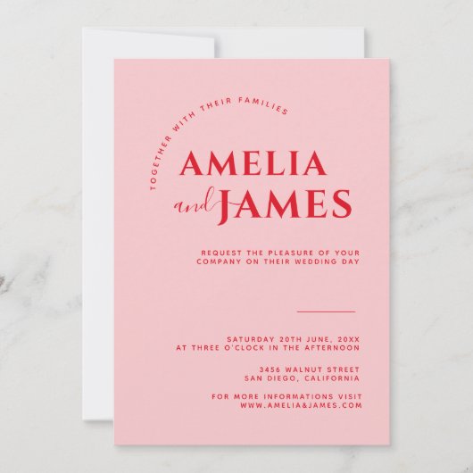 Moderne Vette Minimalistische Rode en Roze Bruilof Kaart (Voorkant)