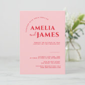 Moderne Vette Minimalistische Rode en Roze Bruilof Kaart (Staand voorkant)