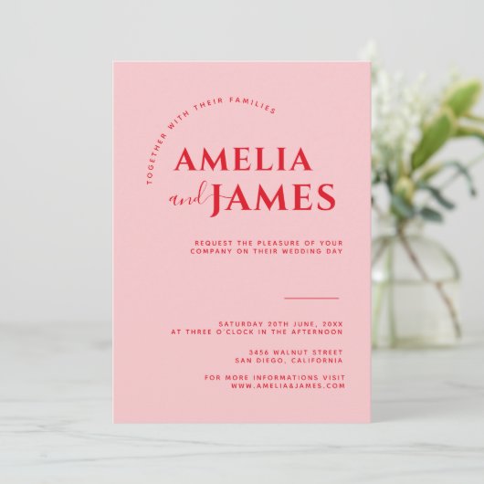 Moderne Vette Minimalistische Rode en Roze Bruilof Kaart (Staand voorkant)