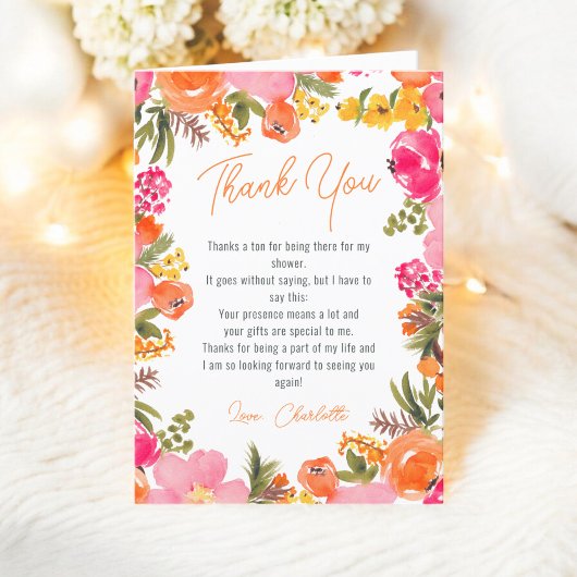 Moderne, vette oranje bloemen script bruidsdouche bedankkaart
