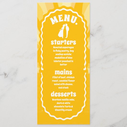 Moderne Vette Zonneschijn Gele Golvende Boog Bruil Menu (Voorkant)