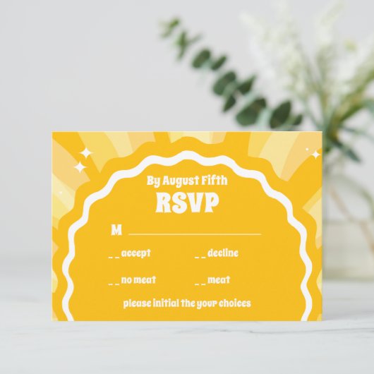 Moderne Vette Zonneschijn Gele Golvende Boog Bruil RSVP Kaartje (Staand voorkant)