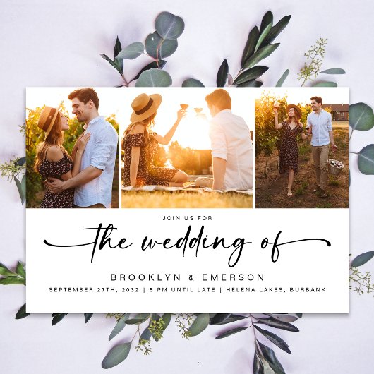 Moderne vier foto-QR-code RSVP-huwelijk Kaart