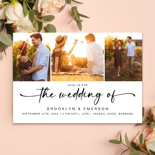 Moderne vier foto-QR-code RSVP-huwelijk Kaart