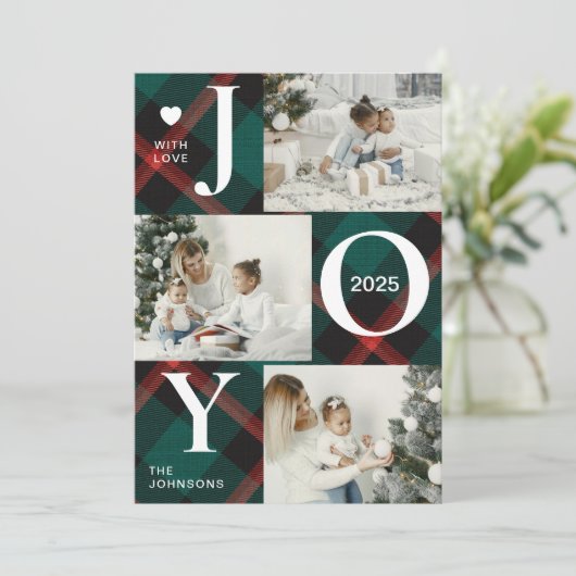 Moderne vier fotocollage | Joy Merry Christmas Feestdagenkaart (Staand voorkant)