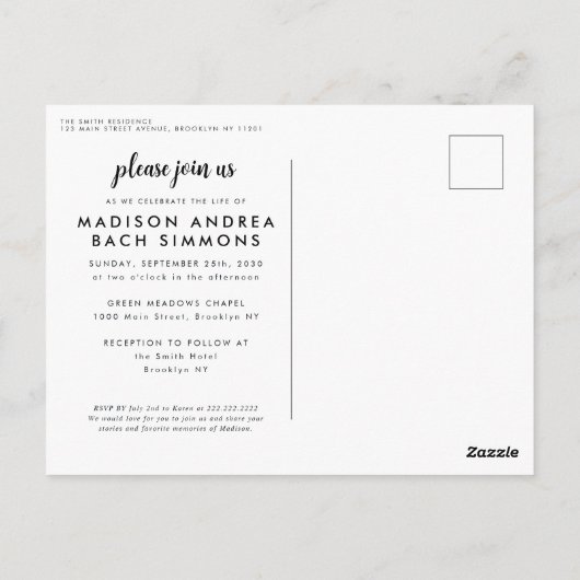 Moderne viering van het leven Eenvoudige foto begr Briefkaart (Achterkant)