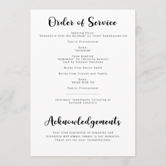 Moderne viering van het Life of Funeral Programme Programmakaart (Achterkant)