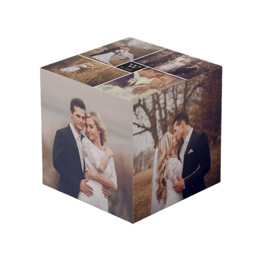 Moderne vierkante bruiloft Monogram 8 Fotocollage Kubus (Voorkant hoekig)