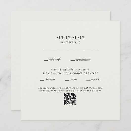 Moderne Vierkante Cream Bruiloft QR Code RSVP (Voorkant / Achterkant)