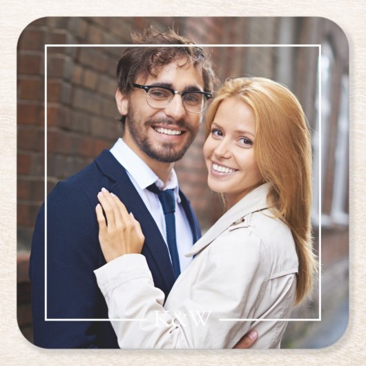 Moderne vierkante lijst met monogram foto kartonnen onderzetters (Voorkant)