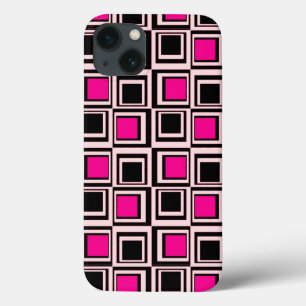 Moderne vierkanten, lichtroze, warm roze en zwart iPhone 13 hoesje