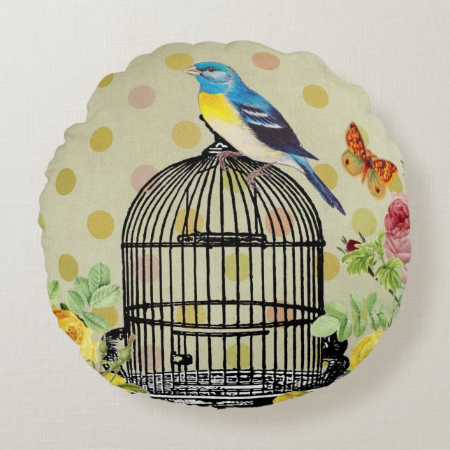 Moderne Vintage Bloem Kooi Ephemera Rond Kussen (Voorkant)