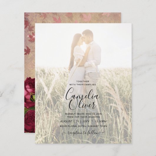 Moderne Vintage Botanische Rode Rozen Trouw Uitnod (Voorkant / Achterkant)