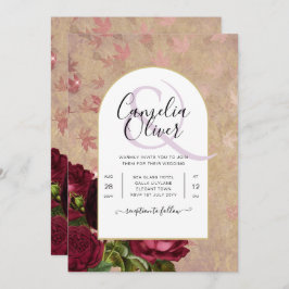 Moderne Vintage Botanische Rode Rozen Trouw Uitnod Kaart