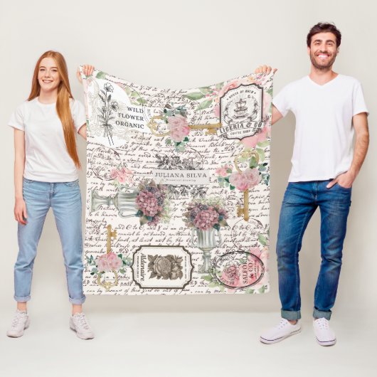 Moderne vintage Franse motief Bloemschrift  Fleece Deken (In situ)