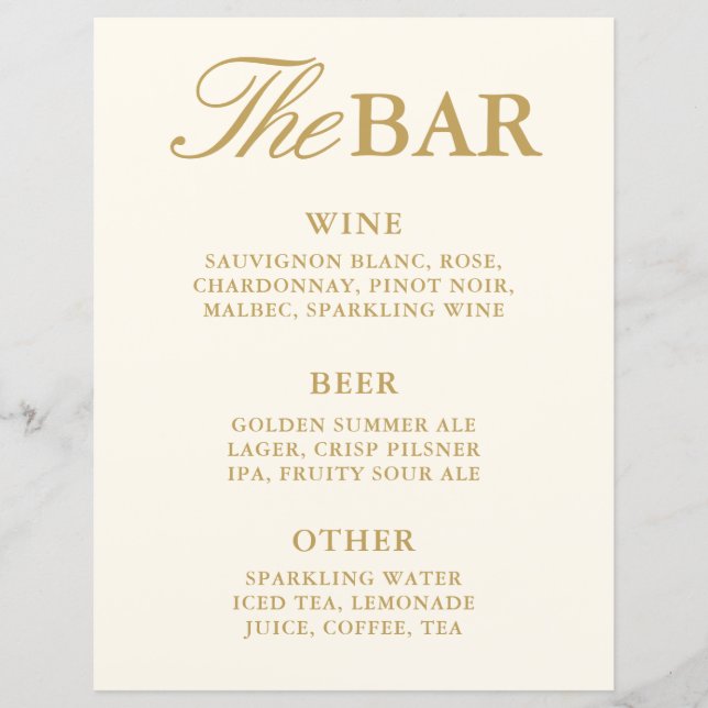 Moderne Vintage Ivoor Bar Menu Trouwbord (Voorkant)
