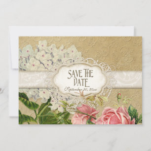 Moderne Vintage Kant Thee Gebruind Hydrangea en Ro Save The Date