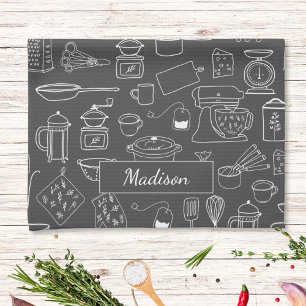 Moderne Vintage Keuken Gereedschap Cute Doodle Theedoek