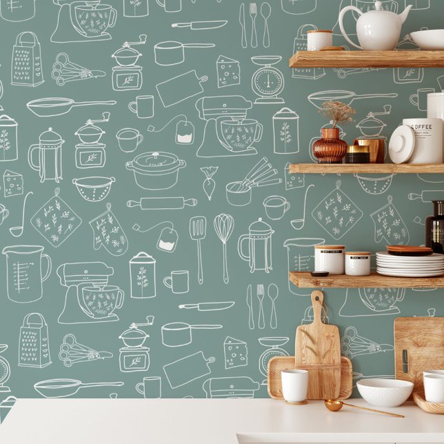 Moderne Vintage Keuken Gereedschap Patroon Behang (In situ)