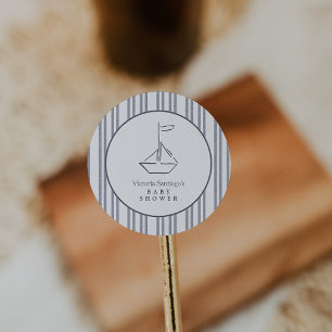 Moderne Vintage Kust Zeilboot Blauwe Baby Shower Ronde Sticker