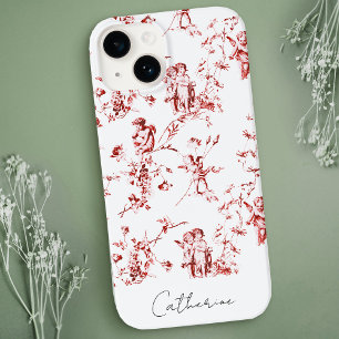 Moderne Vintage Rode Cupido-Engelen Bloemendessin iPhone 14 Hoesje