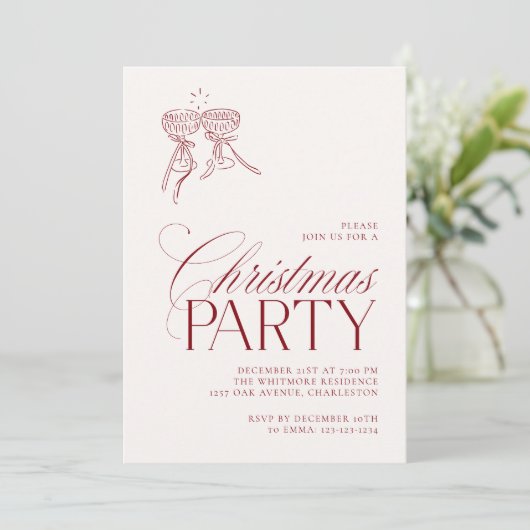 Moderne Vintage Rode Kerstfeest Uitnodiging (Staand voorkant)