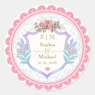 Moderne Vintage Roze Bloem Roos Bruiloft Favor Ronde Sticker