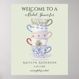 Moderne Vintage Theekopjes Waterverf Bruiloftsontb Poster