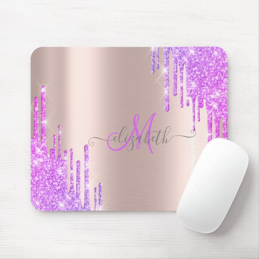 Moderne Violet Glitter Drift Roos Gold Monogram Muismat (Met muis)