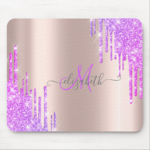 Moderne Violet Glitter Drips Roze Gouden Monogram Muismat