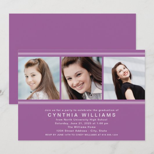 Moderne Violet Photo Collage Graduation Party Kaart (Voorkant / Achterkant)