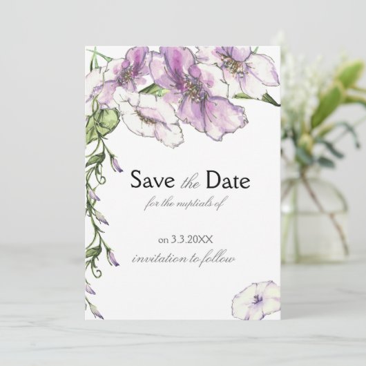Moderne Viooltjes Save the Date (Staand voorkant)