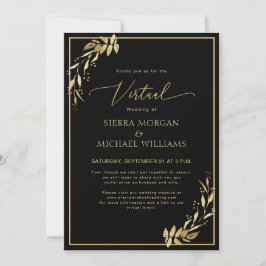 Moderne virtuele bruiloft met zwart Golden Foliage Kaart