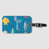 Moderne vis en zeepaard blauw gepersonaliseerd bagagelabel (Voorkant (horizontaal))