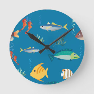 Moderne vis en zeepaard geïllustreerd patroon blau ronde klok
