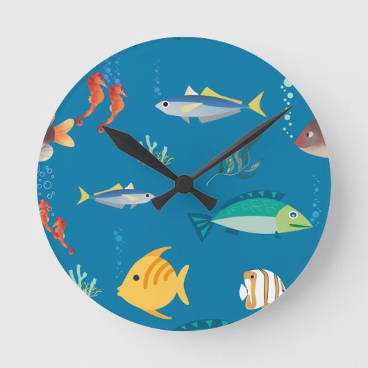 Moderne vis en zeepaard geïllustreerd patroon blau ronde klok (Voorkant)