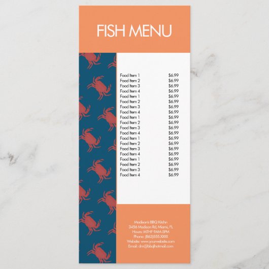 Moderne vis Zeevruchten Krab Restaurant Patroon Me Menu (Voorkant)