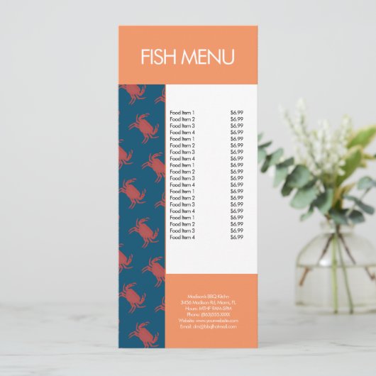 Moderne vis Zeevruchten Krab Restaurant Patroon Me Menu (Staand voorkant)