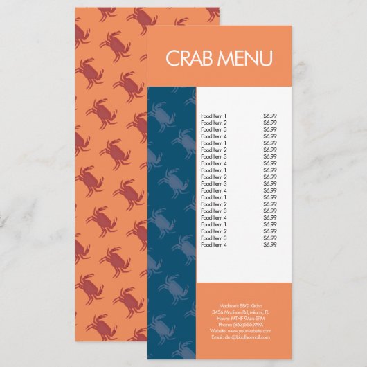 Moderne vis Zeevruchten Krab Restaurant Patroon Me Menu (Voorkant / Achterkant)